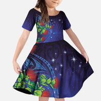 Matariki New Zealand Maori and Pohutukawa Family Matching Off Shoulder Maxi Dress and Hawaiian Shirt Galaxy Blue Sky Style LT03 Daughter's Dress Blue - Polynesian Pride