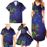 Matariki New Zealand Maori and Pohutukawa Family Matching Summer Maxi Dress and Hawaiian Shirt Galaxy Blue Sky Style LT03 - Polynesian Pride