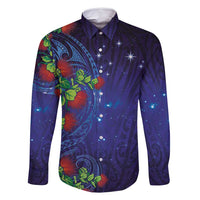 Matariki New Zealand Maori and Pohutukawa Family Matching Tank Maxi Dress and Hawaiian Shirt Galaxy Blue Sky Style LT03 Dad's Shirt - Long Sleeve Blue - Polynesian Pride