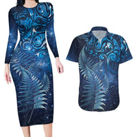 Matariki New Zealand Maori Silver Fern Couples Matching Long Sleeve Bodycon Dress and Hawaiian Shirt Galaxy Blue Sky Style LT03 Blue - Polynesian Pride