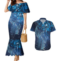 Matariki New Zealand Maori Silver Fern Couples Matching Mermaid Dress and Hawaiian Shirt Galaxy Blue Sky Style LT03 Blue - Polynesian Pride
