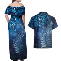 Matariki New Zealand Maori Silver Fern Couples Matching Off Shoulder Maxi Dress and Hawaiian Shirt Galaxy Blue Sky Style LT03 - Polynesian Pride