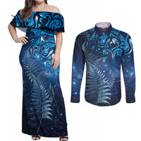 Matariki New Zealand Maori Silver Fern Couples Matching Off Shoulder Maxi Dress and Long Sleeve Button Shirt Galaxy Blue Sky Style LT03 Blue - Polynesian Pride