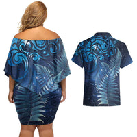 Matariki New Zealand Maori Silver Fern Couples Matching Off Shoulder Short Dress and Hawaiian Shirt Galaxy Blue Sky Style LT03 - Polynesian Pride