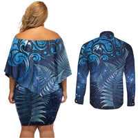 Matariki New Zealand Maori Silver Fern Couples Matching Off Shoulder Short Dress and Long Sleeve Button Shirt Galaxy Blue Sky Style LT03 - Polynesian Pride