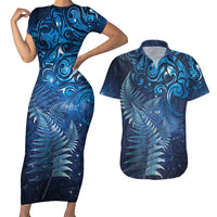 Matariki New Zealand Maori Silver Fern Couples Matching Short Sleeve Bodycon Dress and Hawaiian Shirt Galaxy Blue Sky Style LT03 Blue - Polynesian Pride
