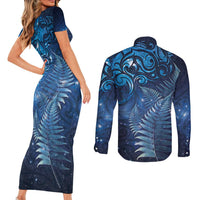 Matariki New Zealand Maori Silver Fern Couples Matching Short Sleeve Bodycon Dress and Long Sleeve Button Shirt Galaxy Blue Sky Style LT03 - Polynesian Pride