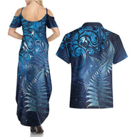 Matariki New Zealand Maori Silver Fern Couples Matching Summer Maxi Dress and Hawaiian Shirt Galaxy Blue Sky Style LT03 - Polynesian Pride