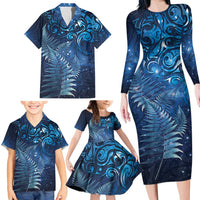Matariki New Zealand Maori Silver Fern Family Matching Long Sleeve Bodycon Dress and Hawaiian Shirt Galaxy Blue Sky Style LT03 - Polynesian Pride