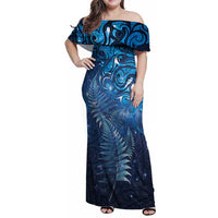Matariki New Zealand Maori Silver Fern Family Matching Off Shoulder Maxi Dress and Hawaiian Shirt Galaxy Blue Sky Style LT03 Mom's Dress Blue - Polynesian Pride