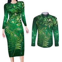 Matariki New Zealand Maori Silver Fern Couples Matching Long Sleeve Bodycon Dress and Long Sleeve Button Shirt Galaxy Green Sky Style LT03 Green - Polynesian Pride