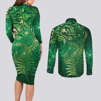 Matariki New Zealand Maori Silver Fern Couples Matching Long Sleeve Bodycon Dress and Long Sleeve Button Shirt Galaxy Green Sky Style LT03 - Polynesian Pride
