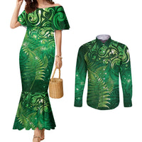 Matariki New Zealand Maori Silver Fern Couples Matching Mermaid Dress and Long Sleeve Button Shirt Galaxy Green Sky Style LT03 Green - Polynesian Pride