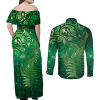Matariki New Zealand Maori Silver Fern Couples Matching Off Shoulder Maxi Dress and Long Sleeve Button Shirt Galaxy Green Sky Style LT03 - Polynesian Pride