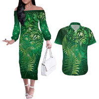 Matariki New Zealand Maori Silver Fern Couples Matching Off The Shoulder Long Sleeve Dress and Hawaiian Shirt Galaxy Green Sky Style LT03 Green - Polynesian Pride