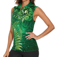Matariki New Zealand Maori Silver Fern Women Sleeveless Polo Shirt Galaxy Green Sky Style LT03 - Polynesian Pride