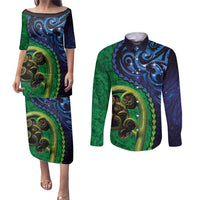 New Zealand Matariki Fern Frond Koru Couples Matching Puletasi and Long Sleeve Button Shirt with Galaxy Blue Sky and Green Paua Shell Art LT03 Blue - Polynesian Pride
