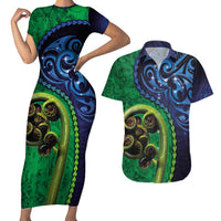 New Zealand Matariki Fern Frond Koru Couples Matching Short Sleeve Bodycon Dress and Hawaiian Shirt with Galaxy Blue Sky and Green Paua Shell Art LT03 Blue - Polynesian Pride