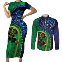 New Zealand Matariki Fern Frond Koru Couples Matching Short Sleeve Bodycon Dress and Long Sleeve Button Shirt with Galaxy Blue Sky and Green Paua Shell Art LT03 Blue - Polynesian Pride