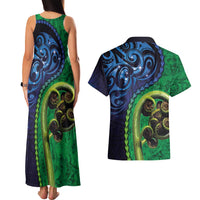 New Zealand Matariki Fern Frond Koru Couples Matching Tank Maxi Dress and Hawaiian Shirt with Galaxy Blue Sky and Green Paua Shell Art LT03 - Polynesian Pride