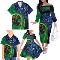 New Zealand Matariki Fern Frond Koru Family Matching Off The Shoulder Long Sleeve Dress and Hawaiian Shirt with Galaxy Blue Sky and Green Paua Shell Art LT03 - Polynesian Pride