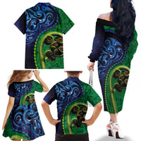 New Zealand Matariki Fern Frond Koru Family Matching Off The Shoulder Long Sleeve Dress and Hawaiian Shirt with Galaxy Blue Sky and Green Paua Shell Art LT03 - Polynesian Pride