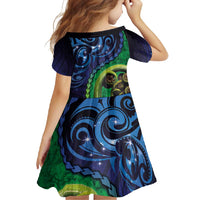 New Zealand Matariki Fern Frond Koru Family Matching Off Shoulder Maxi Dress and Hawaiian Shirt with Galaxy Blue Sky and Green Paua Shell Art LT03 - Polynesian Pride