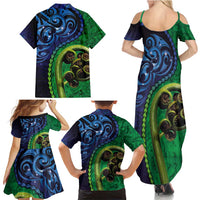 New Zealand Matariki Fern Frond Koru Family Matching Summer Maxi Dress and Hawaiian Shirt with Galaxy Blue Sky and Green Paua Shell Art LT03 - Polynesian Pride