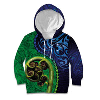 New Zealand Matariki Fern Frond Koru Kid Hoodie with Galaxy Blue Sky and Green Paua Shell Art LT03 Hoodie Blue - Polynesian Pride