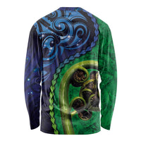 New Zealand Matariki Fern Frond Koru Long Sleeve Shirt with Galaxy Blue Sky and Green Paua Shell Art LT03 - Polynesian Pride