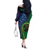 New Zealand Matariki Fern Frond Koru Off The Shoulder Long Sleeve Dress with Galaxy Blue Sky and Green Paua Shell Art LT03 - Polynesian Pride