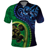 New Zealand Matariki Fern Frond Koru Polo Shirt with Galaxy Blue Sky and Green Paua Shell Art LT03 Blue - Polynesian Pride