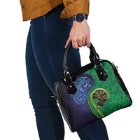 New Zealand Matariki Fern Frond Koru Shoulder Handbag with Galaxy Blue Sky and Green Paua Shell Art