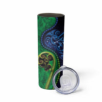 New Zealand Matariki Fern Frond Koru Skinny Tumbler with Galaxy Blue Sky and Green Paua Shell Art LT03 - Polynesian Pride