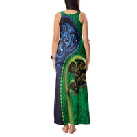 New Zealand Matariki Fern Frond Koru Tank Maxi Dress with Galaxy Blue Sky and Green Paua Shell Art LT03 - Polynesian Pride