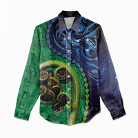 New Zealand Matariki Fern Frond Koru Women Casual Shirt with Galaxy Blue Sky and Green Paua Shell Art LT03 - Polynesian Pride
