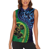 New Zealand Matariki Fern Frond Koru Women Sleeveless Polo Shirt with Galaxy Blue Sky and Green Paua Shell Art LT03 - Polynesian Pride