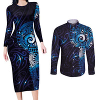 Matariki New Zealand Maori Koru Art Tattoo Couples Matching Long Sleeve Bodycon Dress and Long Sleeve Button Shirt New Year Galaxy Blue Sky Style LT03 Blue - Polynesian Pride