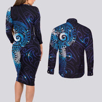 Matariki New Zealand Maori Koru Art Tattoo Couples Matching Long Sleeve Bodycon Dress and Long Sleeve Button Shirt New Year Galaxy Blue Sky Style LT03 - Polynesian Pride