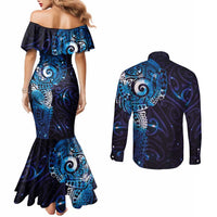 Matariki New Zealand Maori Koru Art Tattoo Couples Matching Mermaid Dress and Long Sleeve Button Shirt New Year Galaxy Blue Sky Style LT03 - Polynesian Pride
