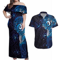 Matariki New Zealand Maori Koru Art Tattoo Couples Matching Off Shoulder Maxi Dress and Hawaiian Shirt New Year Galaxy Blue Sky Style LT03 Blue - Polynesian Pride
