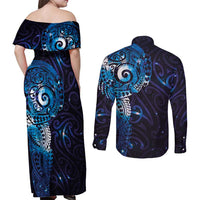 Matariki New Zealand Maori Koru Art Tattoo Couples Matching Off Shoulder Maxi Dress and Long Sleeve Button Shirt New Year Galaxy Blue Sky Style LT03 - Polynesian Pride