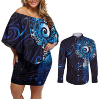 Matariki New Zealand Maori Koru Art Tattoo Couples Matching Off Shoulder Short Dress and Long Sleeve Button Shirt New Year Galaxy Blue Sky Style LT03 Blue - Polynesian Pride