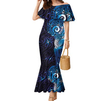 Matariki New Zealand Maori Koru Art Tattoo Family Matching Mermaid Dress and Hawaiian Shirt New Year Galaxy Blue Sky Style LT03 Mom's Dress Blue - Polynesian Pride