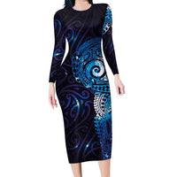 Matariki New Zealand Maori Koru Art Tattoo Long Sleeve Bodycon Dress New Year Galaxy Blue Sky Style LT03 Long Dress Blue - Polynesian Pride