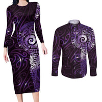 Matariki New Zealand Maori Koru Art Tattoo Couples Matching Long Sleeve Bodycon Dress and Long Sleeve Button Shirt New Year Galaxy Purple Sky Style LT03 Purple - Polynesian Pride