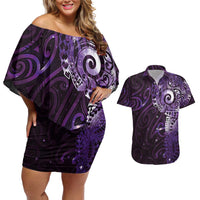 Matariki New Zealand Maori Koru Art Tattoo Couples Matching Off Shoulder Short Dress and Hawaiian Shirt New Year Galaxy Purple Sky Style LT03 Purple - Polynesian Pride