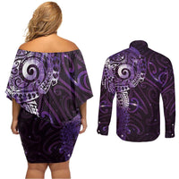 Matariki New Zealand Maori Koru Art Tattoo Couples Matching Off Shoulder Short Dress and Long Sleeve Button Shirt New Year Galaxy Purple Sky Style LT03 - Polynesian Pride