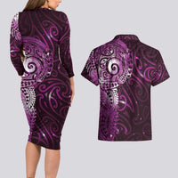 Matariki New Zealand Maori Koru Art Tattoo Couples Matching Long Sleeve Bodycon Dress and Hawaiian Shirt New Year Galaxy Pink Sky Style LT03 - Polynesian Pride