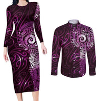 Matariki New Zealand Maori Koru Art Tattoo Couples Matching Long Sleeve Bodycon Dress and Long Sleeve Button Shirt New Year Galaxy Pink Sky Style LT03 Pink - Polynesian Pride
